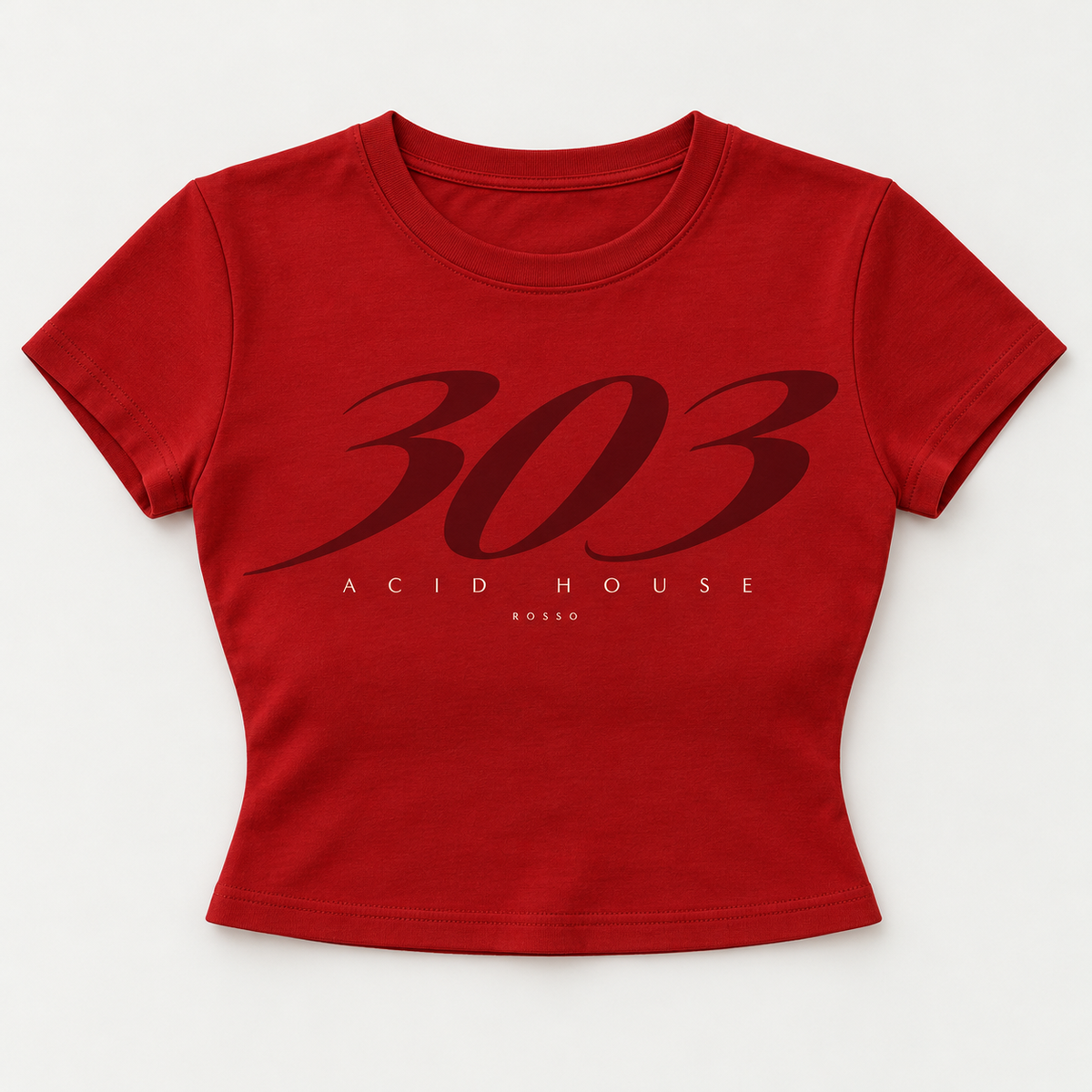 Rosso 303 red baby tee front view with tonal racing graphic