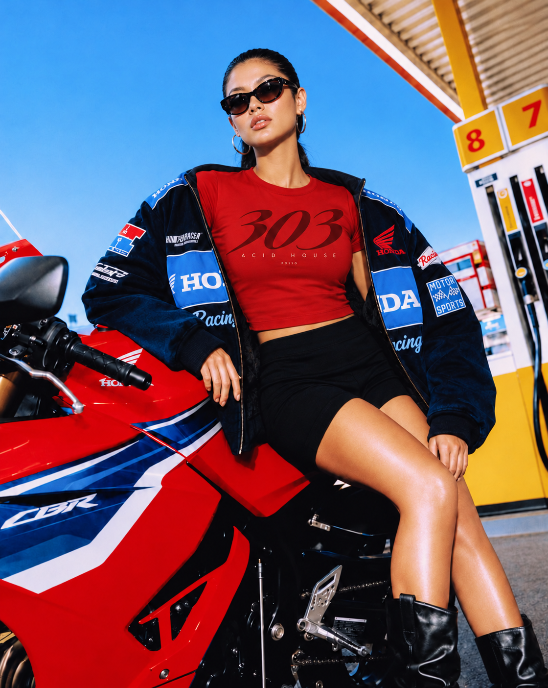 Rosso 303 red cropped T-shirt styled on a model seated beside a motorcycle