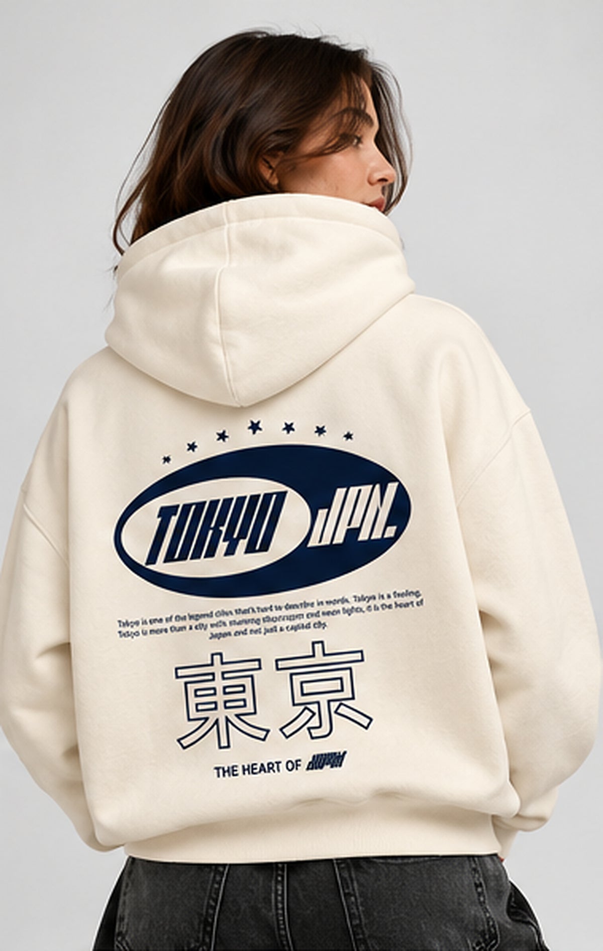 Female model back view Tokyo JPN graphic hoodie