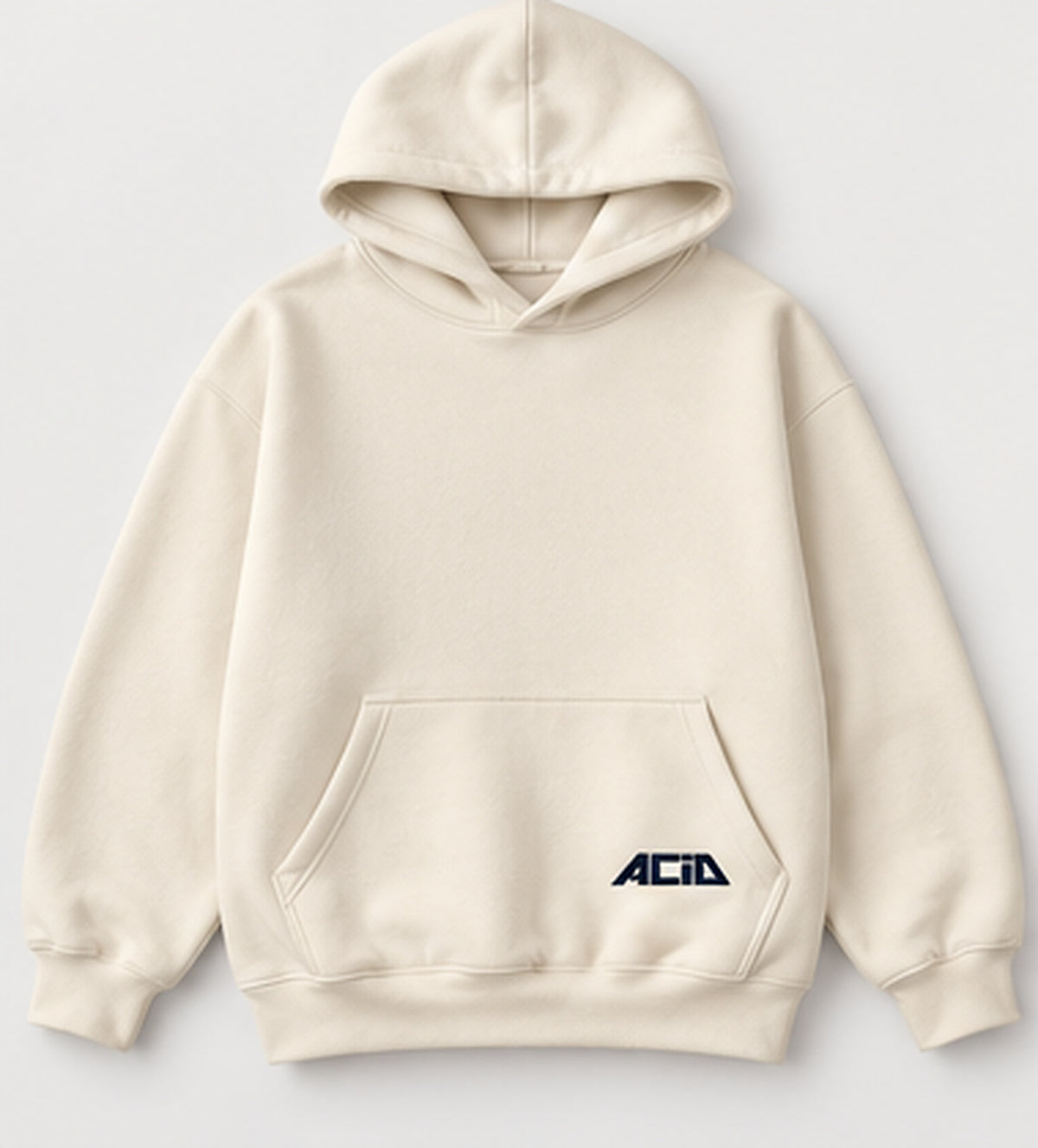 Cream unisex oversized hoodie flat front view with ACID pocket logo