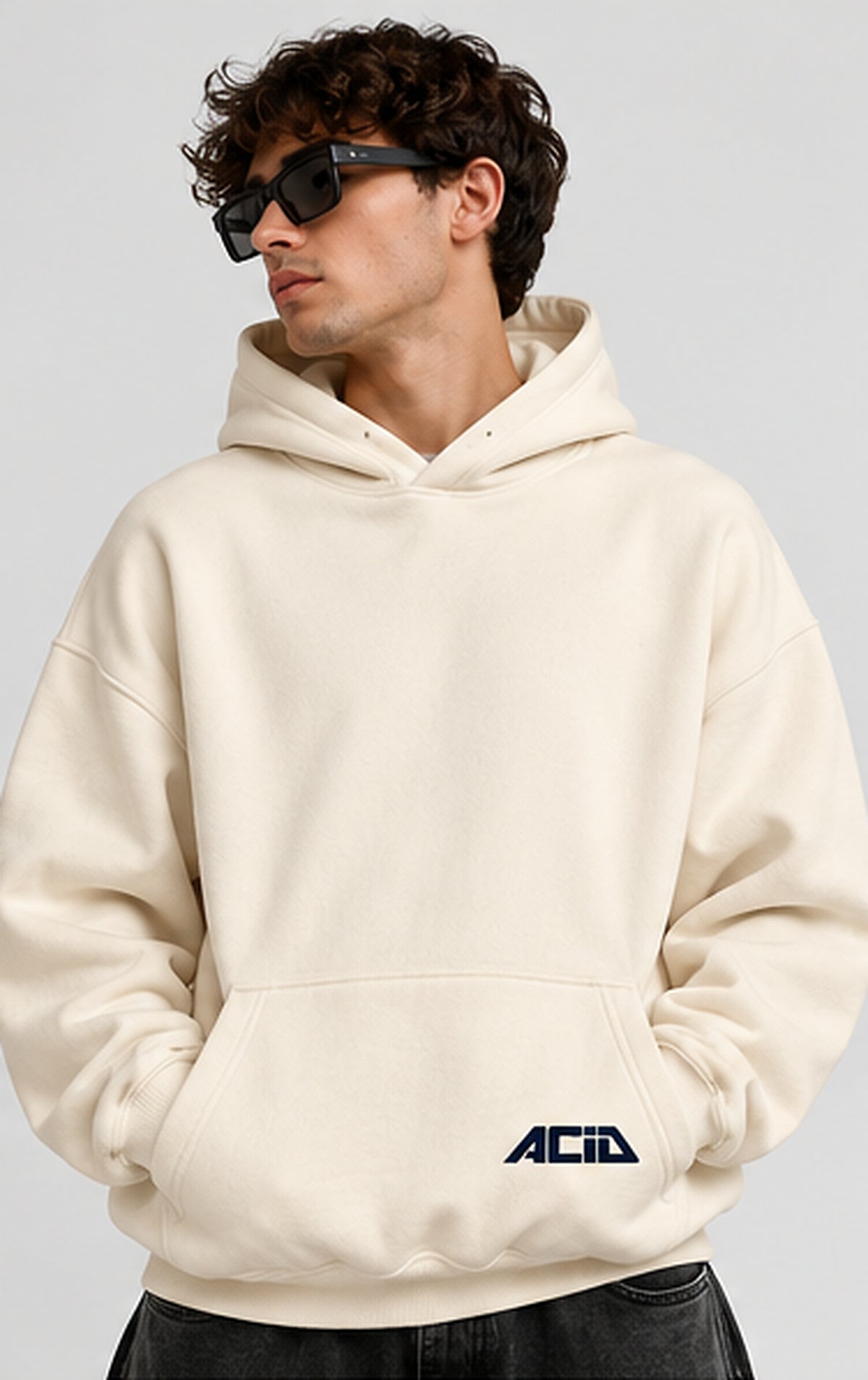 Male model front view cream Tokyo JPN unisex hoodie