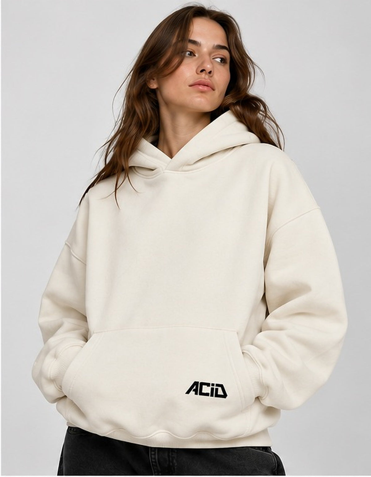 Acid House Tokyo Superior cream oversized 390+ GSM hoodie – female front