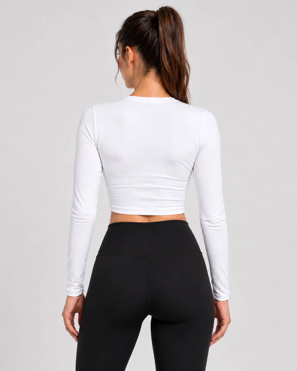 White fitted full sleeve crop top plain back view