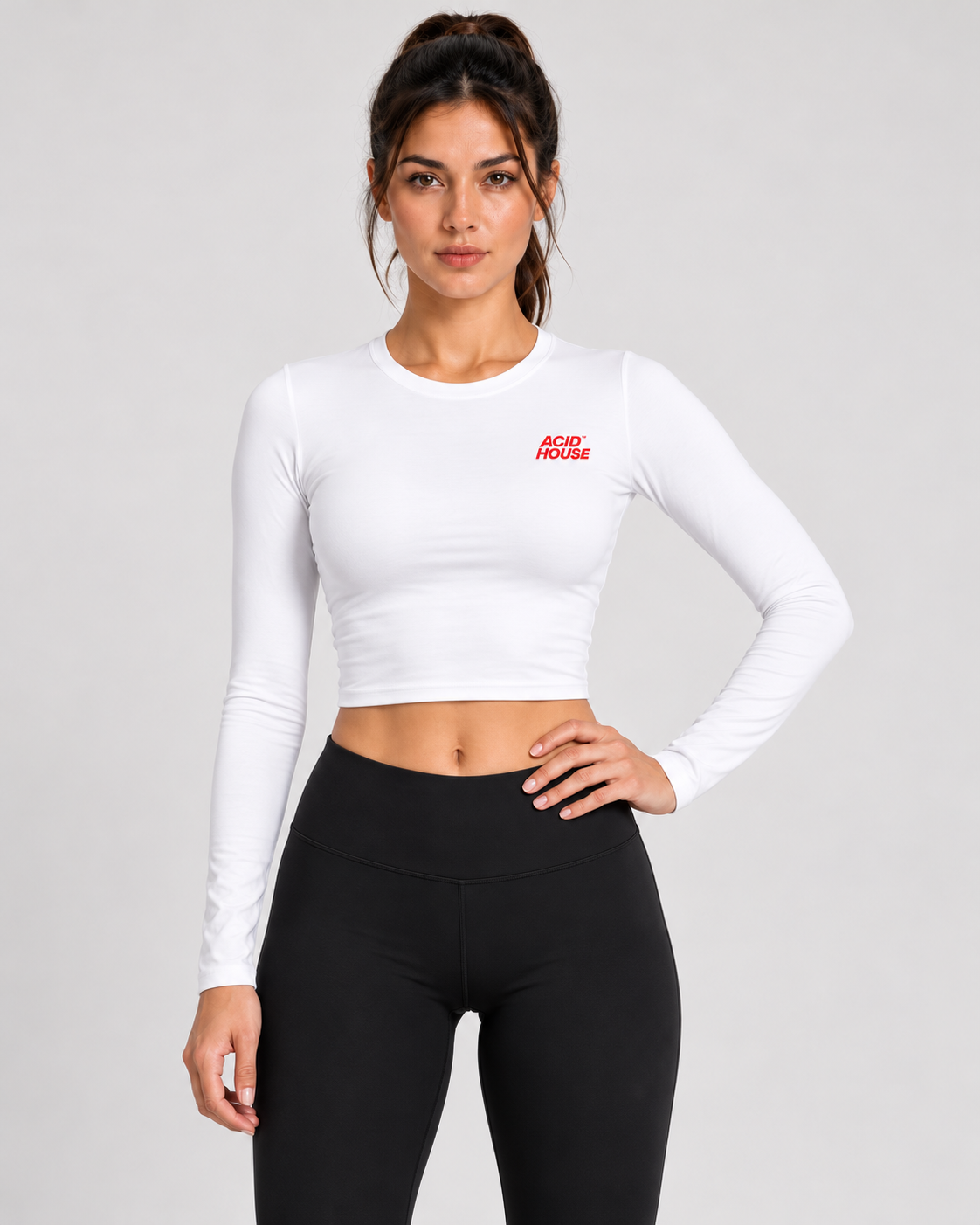 White fitted full sleeve Acid House crop top front studio view