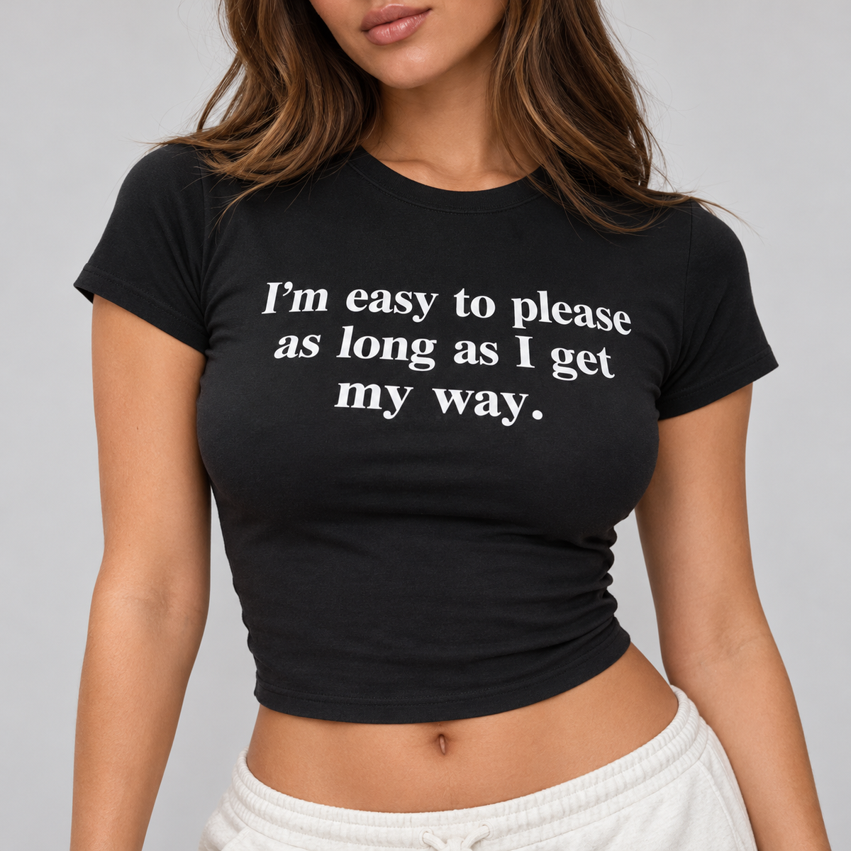 I'm Easy to Please black fitted graphic baby tee for women - photo 1