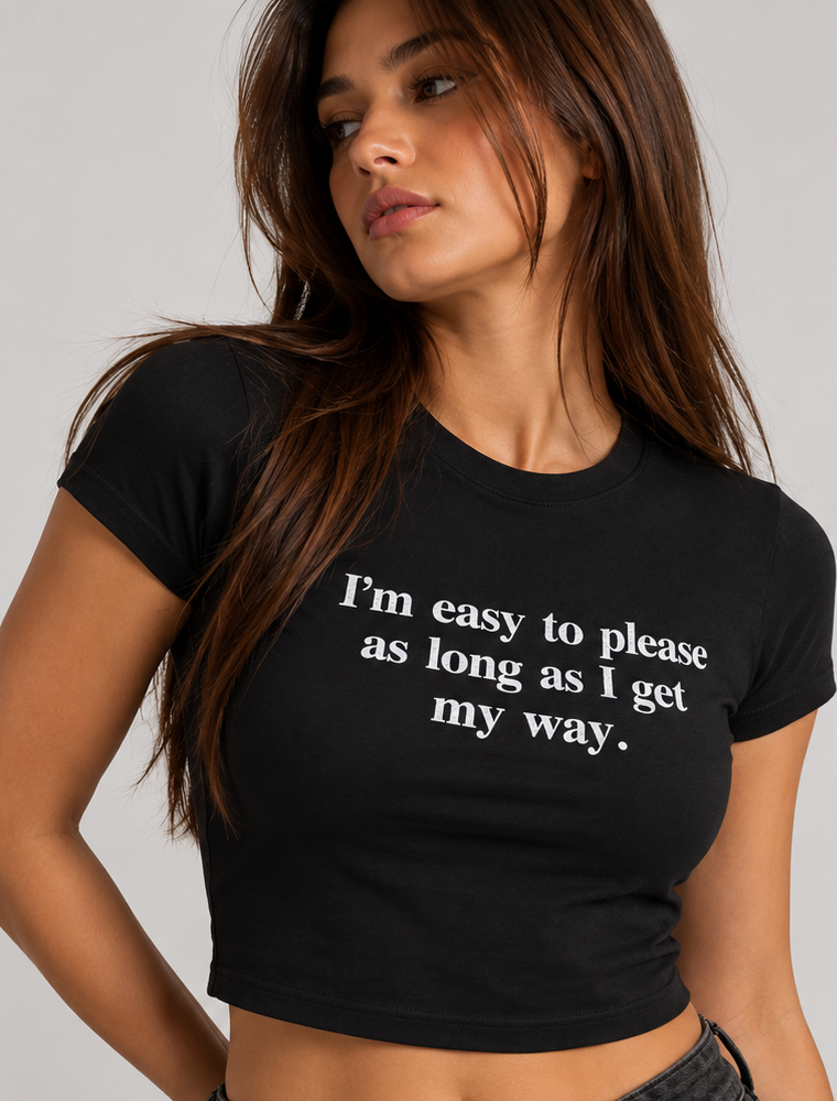 I'm Easy to Please black fitted graphic baby tee for women - photo 2