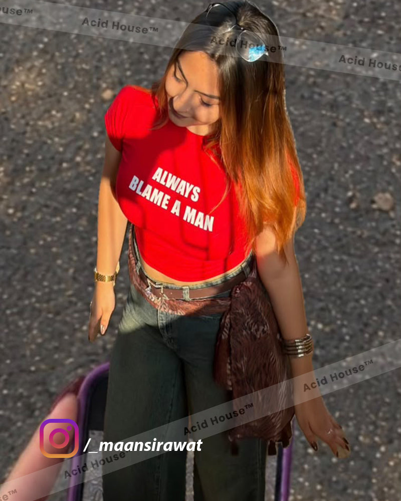 Always Blame A Man Baby Tee – Red Fitted Crop Top for Women