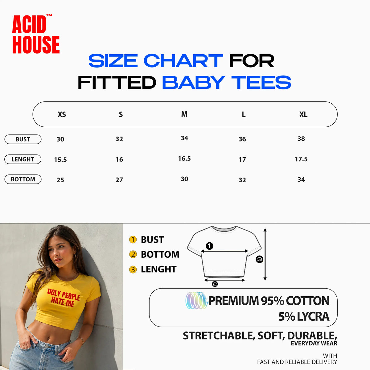 Acid House baby tee size chart XS to XL