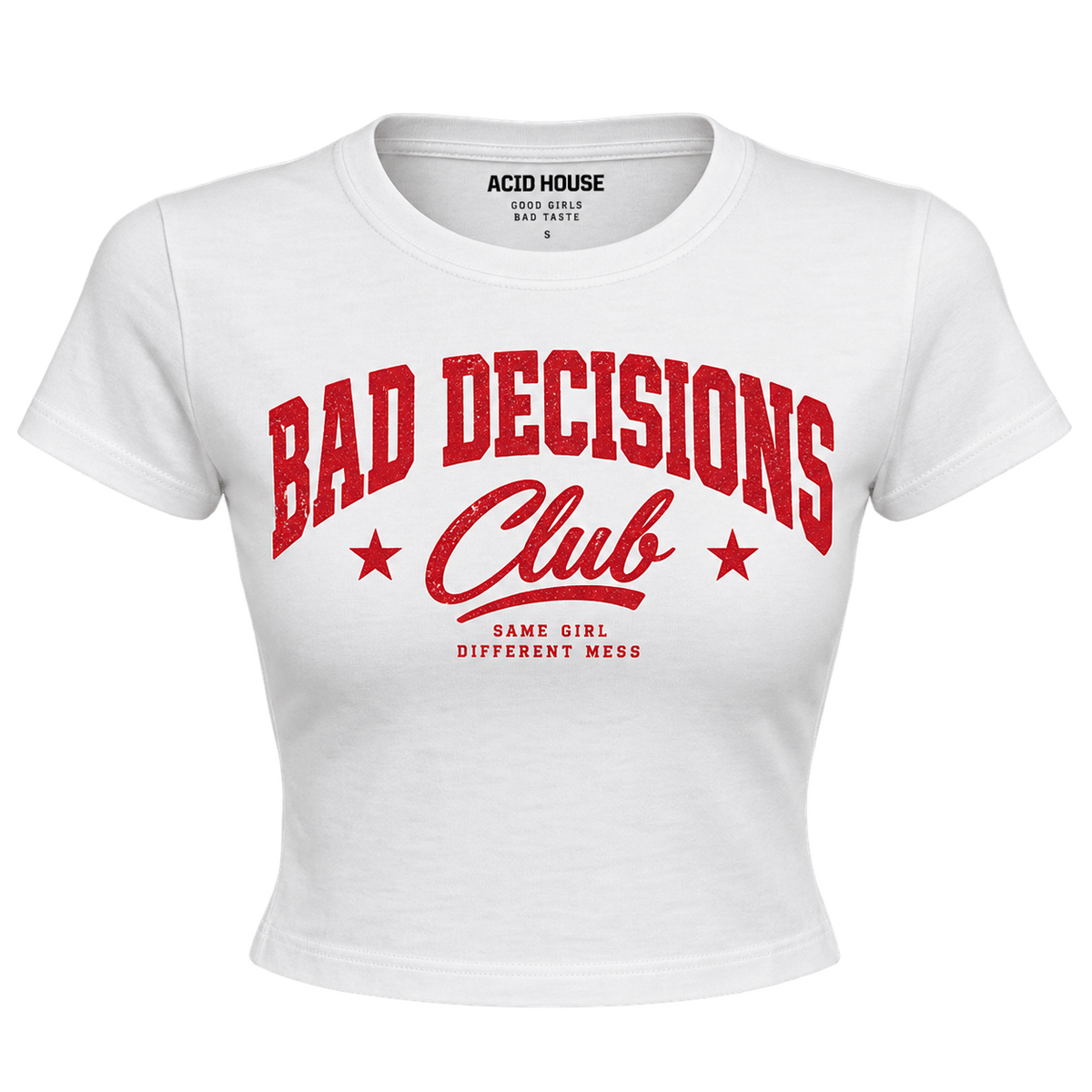 Bad Decisions Club white graphic baby tee for women by Acid House