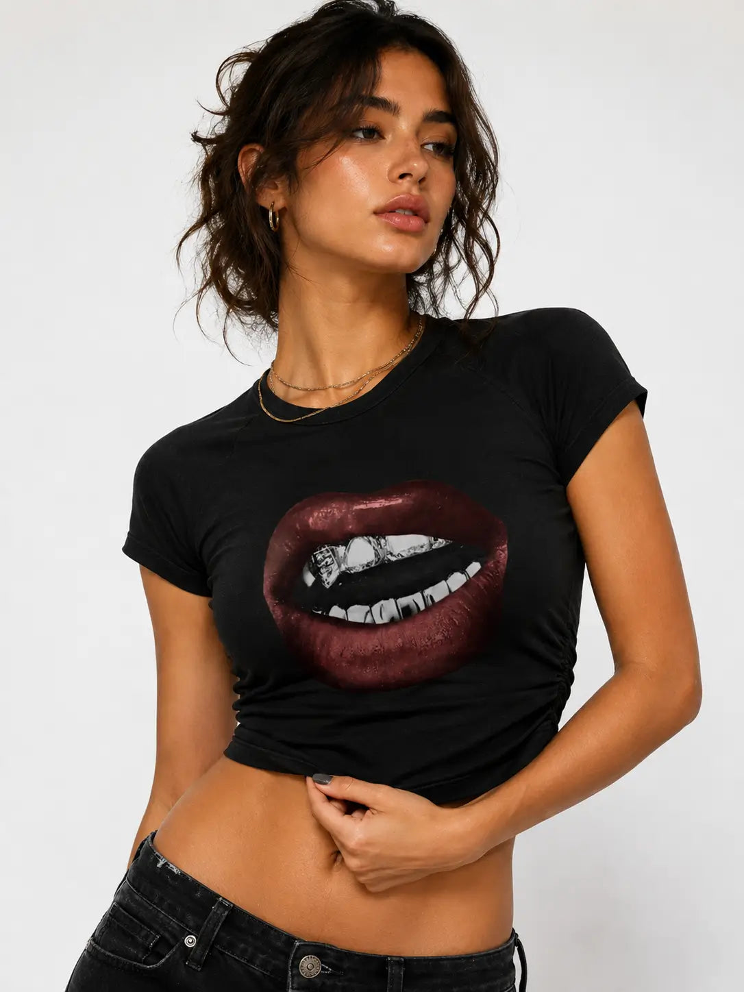 Bite Me Graphic Baby Tee for Women – Y2K Black Fitted Crop Top