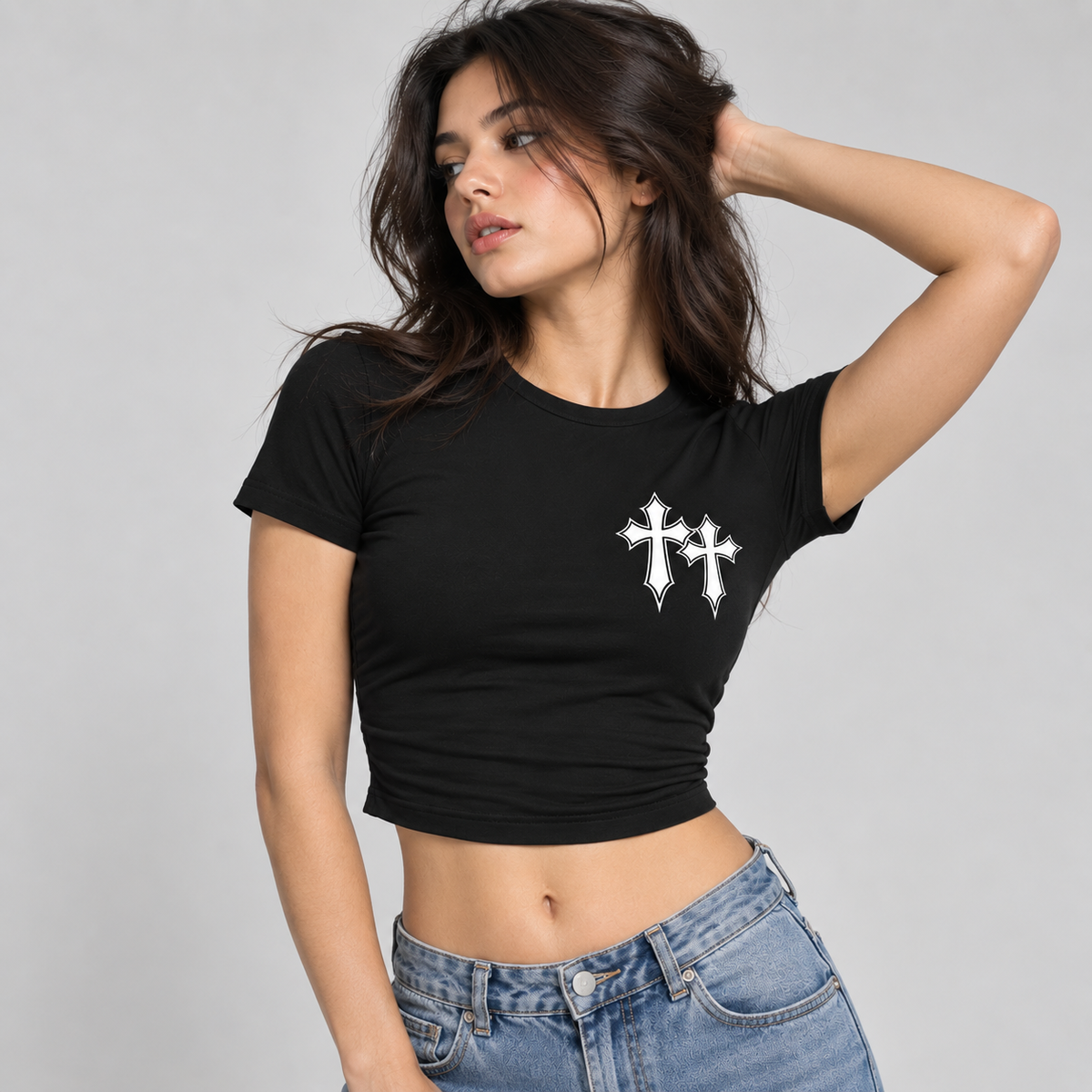 Black gothic cross baby tee for women by Acid House - front
