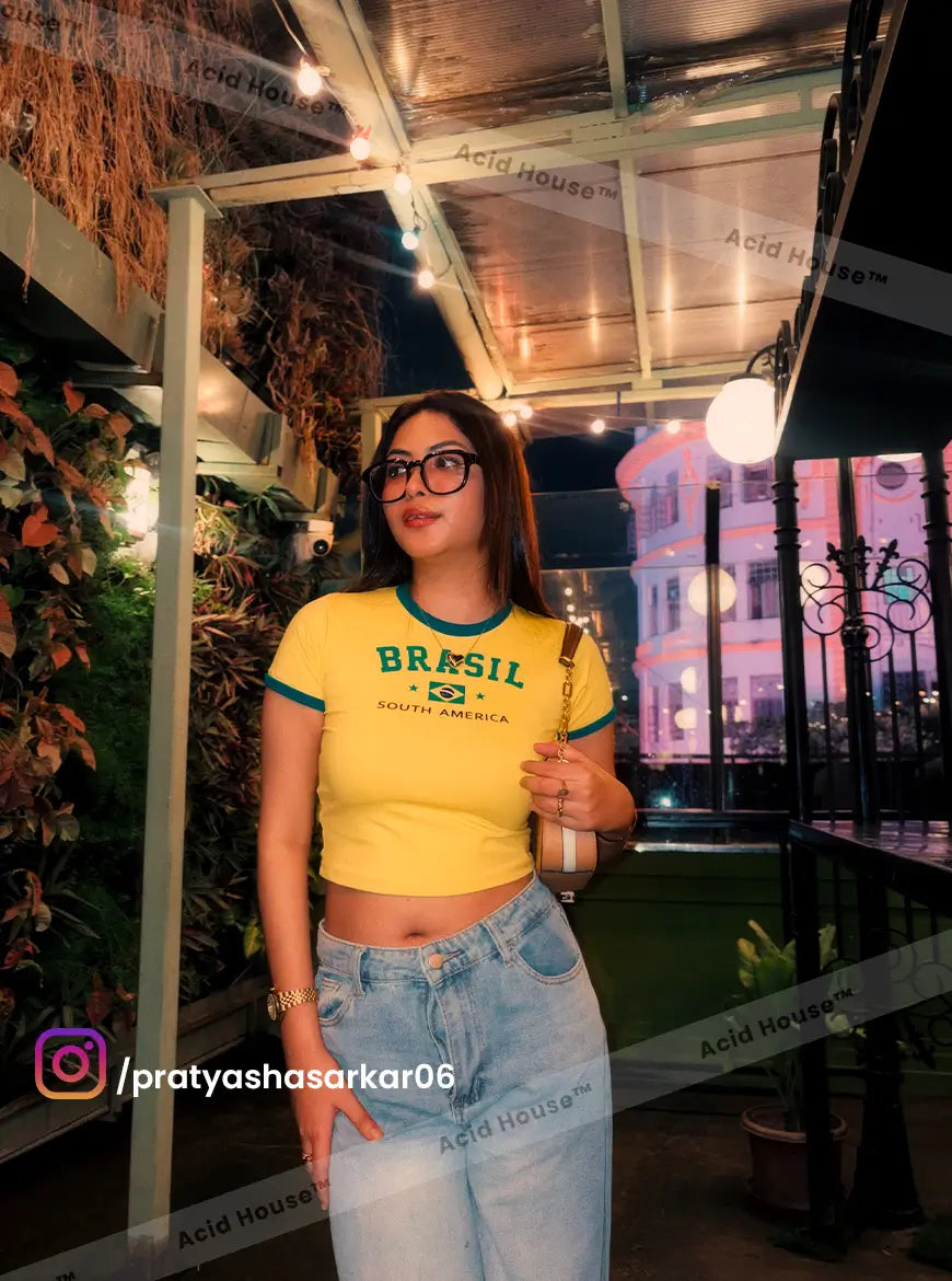 Brasil Yellow Baby Tee for Women | Vintage Y2K Graphic Crop Top | Acid House