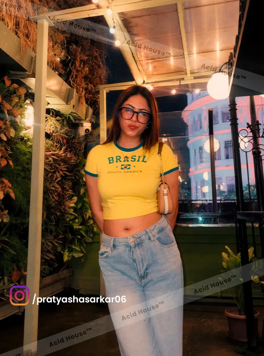Brasil Yellow Baby Tee for Women | Vintage Y2K Graphic Crop Top | Acid House