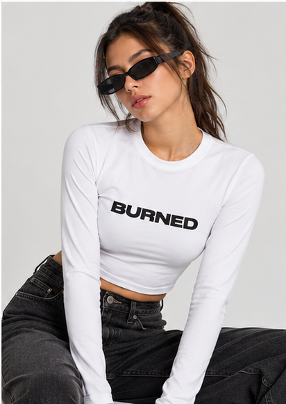 BURNED Graphic Full Sleeve Crop Top – White