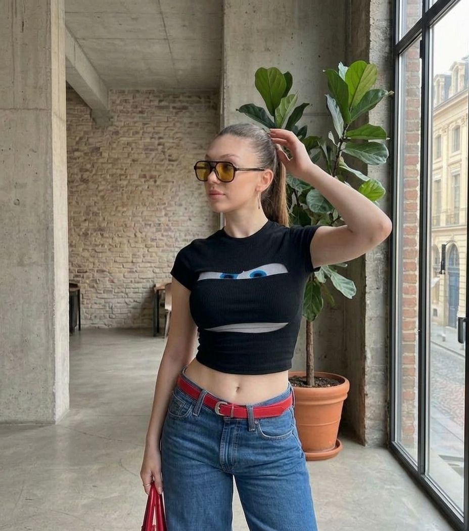 Cartoon Eyes Black Baby Tee – Stretch Fit Graphic Crop Top for Women - Acid House™ (formerly Zyra Drip)