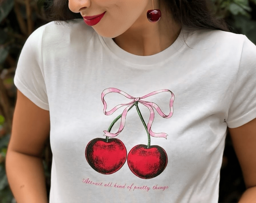 Cherry Baby Tee Crop Top – White Y2K Aesthetic Cute Bow Detail - Acid House™ (formerly Zyra Drip)
