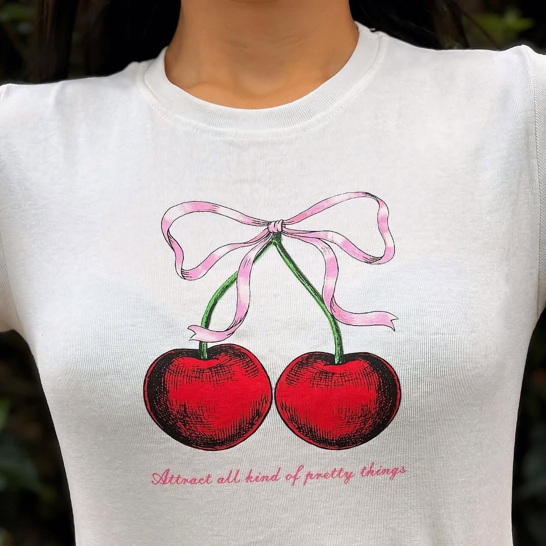 Cherry Baby Tee Crop Top – White Y2K Aesthetic Cute Bow Detail - Acid House™ (formerly Zyra Drip)