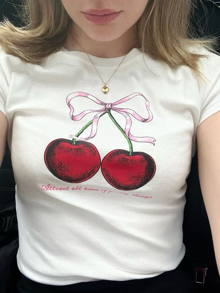 Cherry Baby Tee Crop Top – White Y2K Aesthetic Cute Bow Detail - Acid House™ (formerly Zyra Drip)