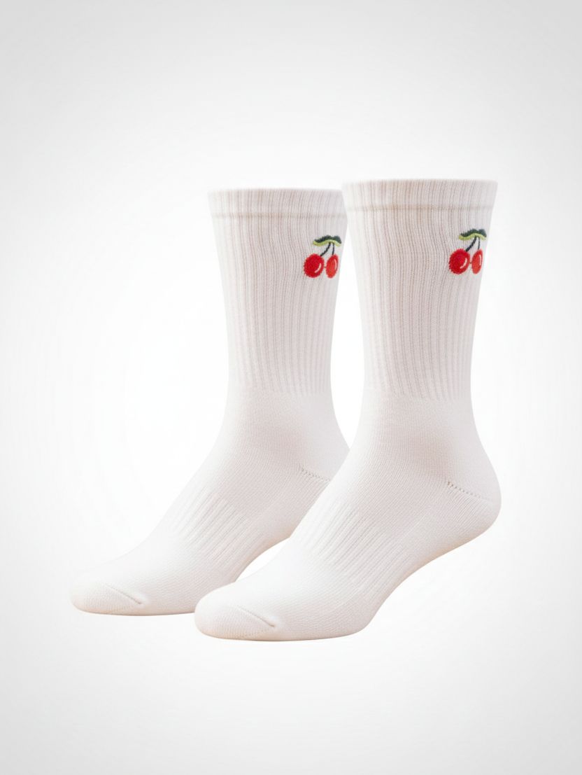 Cherry Print White Crew Socks | Premium Cotton Tube Socks for Men & Women - Acid House™ (formerly Zyra Drip)