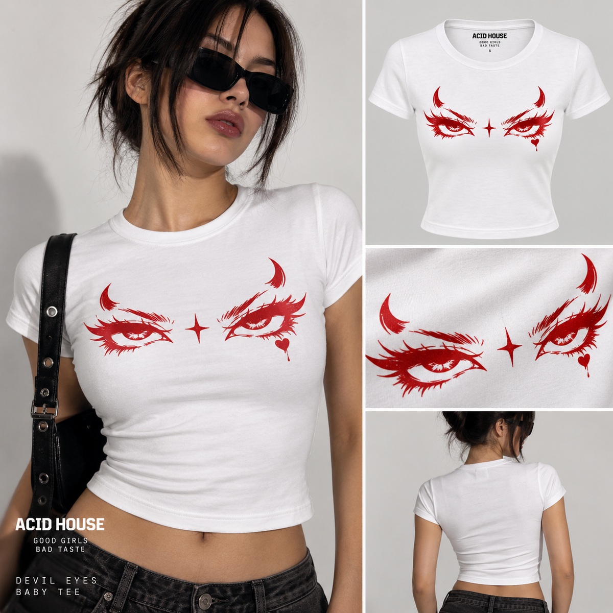 Model wearing Devil Eyes white graphic baby tee for women by Acid House