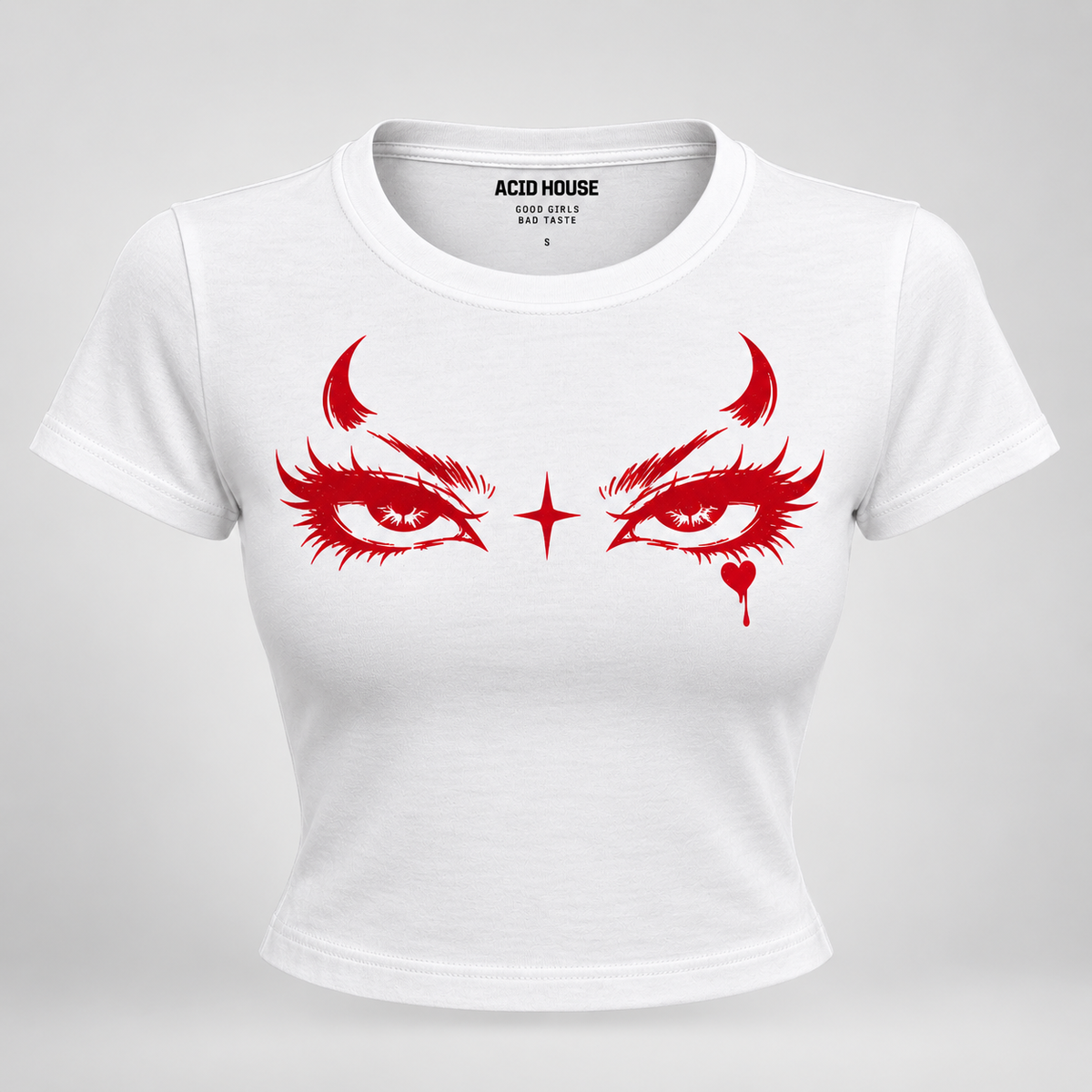 Devil Eyes white graphic baby tee for women by Acid House