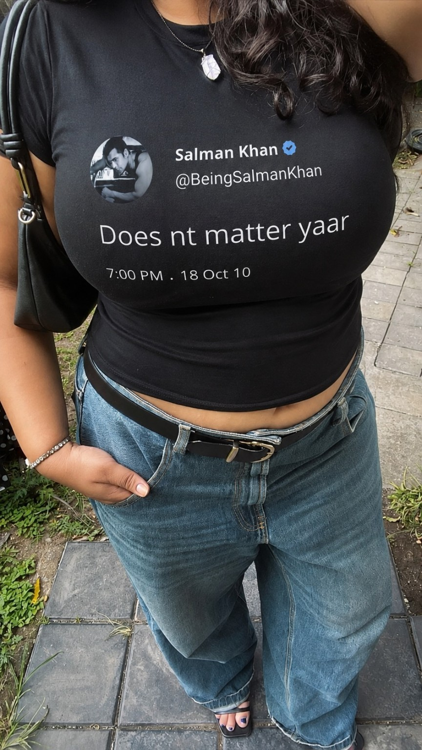 Doesn't Matter Yaar black baby tee styled with denim jeans