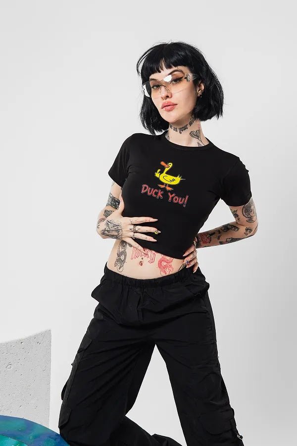 Duck You Graphic Baby Tee | Black Crop Top for Gen Z - Acid House™ (formerly Zyra Drip)