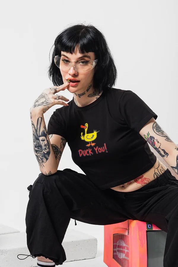 Duck You Graphic Baby Tee | Black Crop Top for Gen Z - Acid House™ (formerly Zyra Drip)