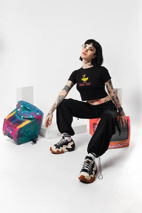 Duck You Graphic Baby Tee | Black Crop Top for Gen Z - Acid House™ (formerly Zyra Drip)