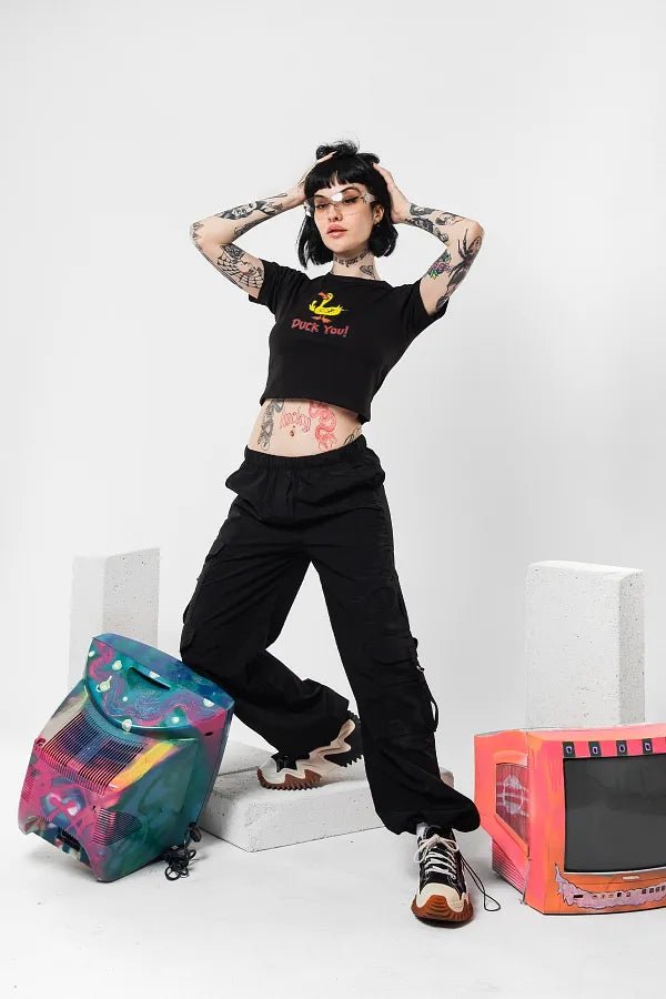 Duck You Graphic Baby Tee | Black Crop Top for Gen Z - Acid House™ (formerly Zyra Drip)