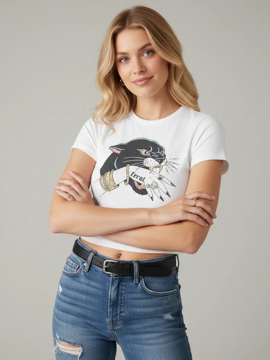 Feral Panther Graphic Baby Tee for Women – White Cropped Cotton Top - Acid House™ (formerly Zyra Drip)