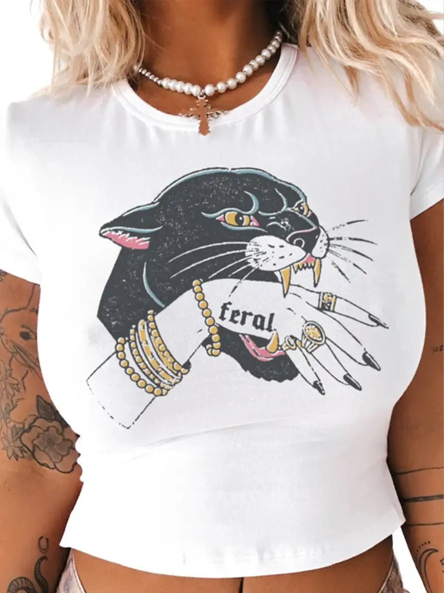 Feral Panther Graphic Baby Tee for Women – White Cropped Cotton Top - Acid House™ (formerly Zyra Drip)