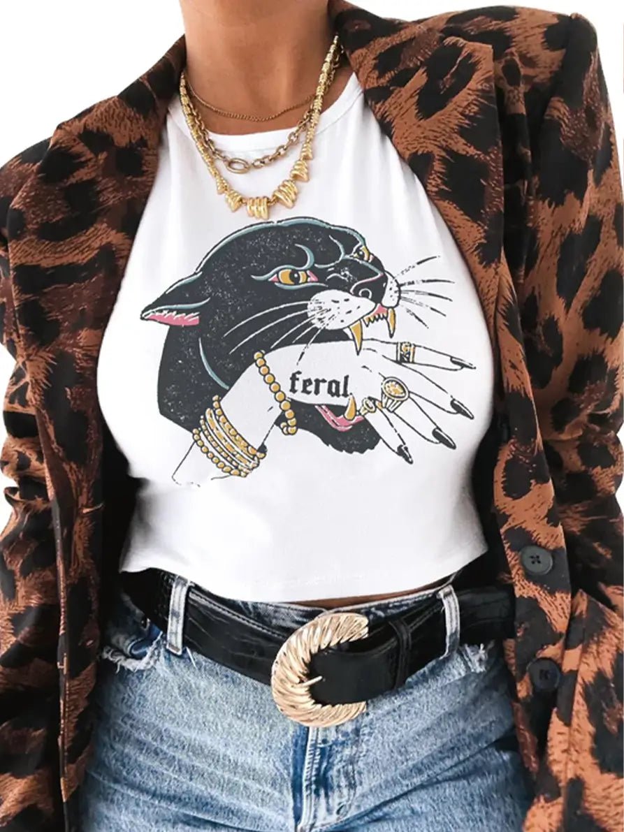 Feral Panther Graphic Baby Tee for Women – White Cropped Cotton Top - Acid House™ (formerly Zyra Drip)