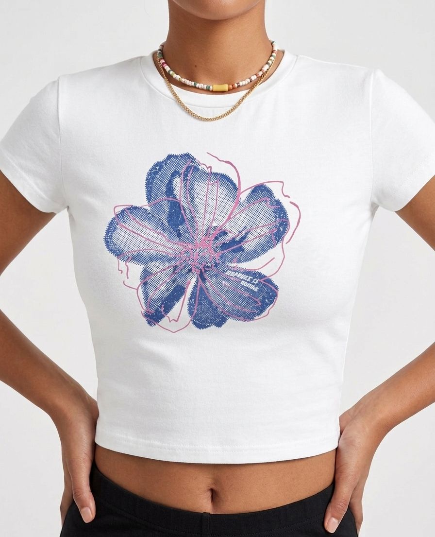 Floral Graphic Baby Tee for Women | Stretchable Crop T-Shirt | White Aesthetic Streetwear Top - Acid House™ (formerly Zyra Drip)