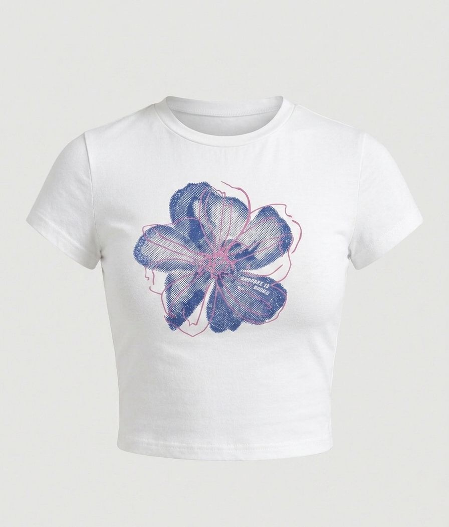 Floral Graphic Baby Tee for Women | Stretchable Crop T-Shirt | White Aesthetic Streetwear Top - Acid House™ (formerly Zyra Drip)