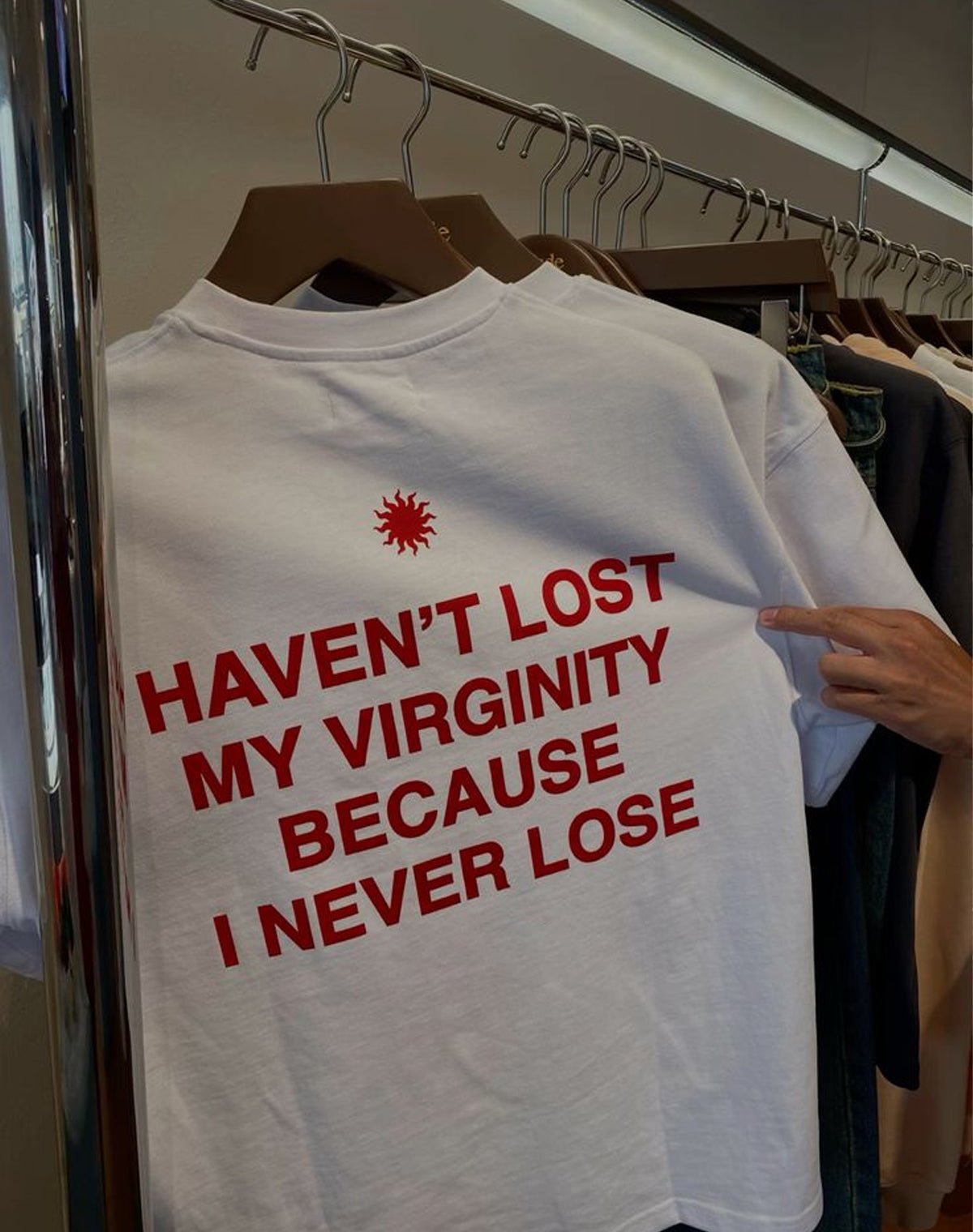 Funny Men’s White Graphic T-Shirt – “Haven’t Lost My Virginity Because I Never Lose” Statement Tee - Acid House™ (formerly Zyra Drip)