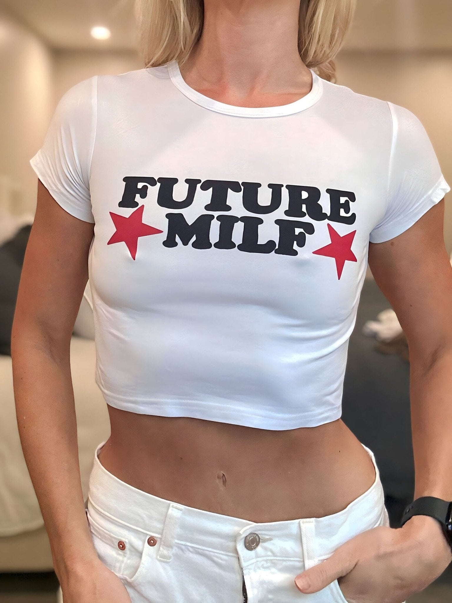 Future MILF Printed White Baby Tee for Women - Acid House™ (formerly Zyra Drip)