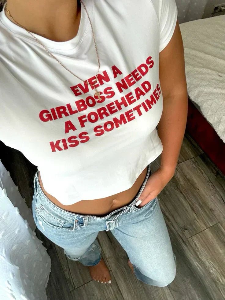 Girlboss Forehead Kiss Baby Crop Top – Trendy Color White - Acid House™ (formerly Zyra Drip)