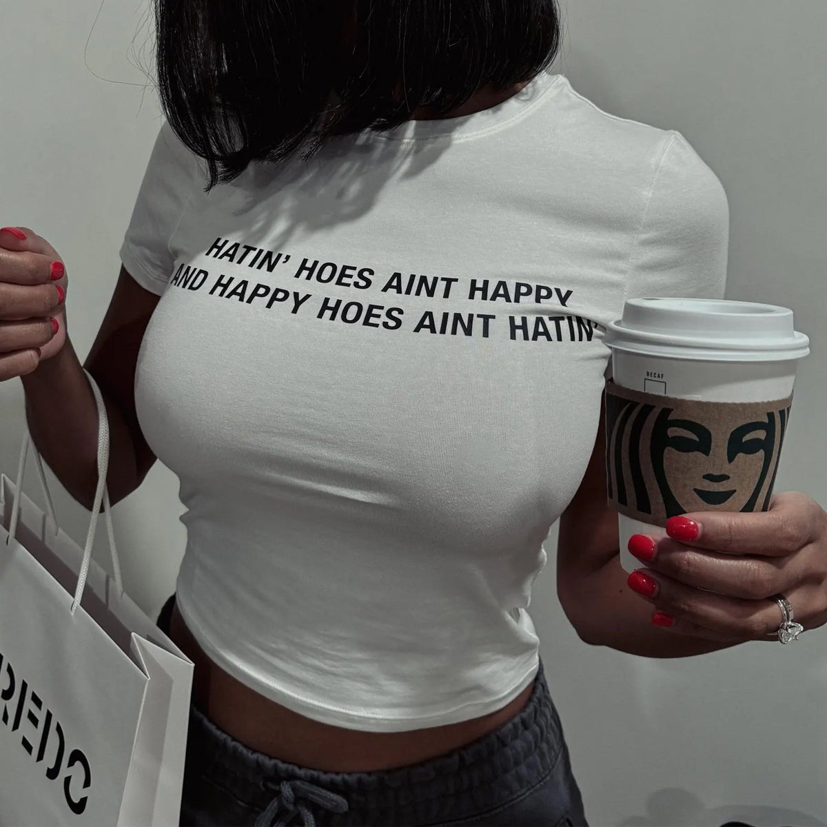 Hatin’ Hoes Ain’t Happy Women’s Baby Tee – Slim Fit Graphic Crop Top - Acid House™ (formerly Zyra Drip)