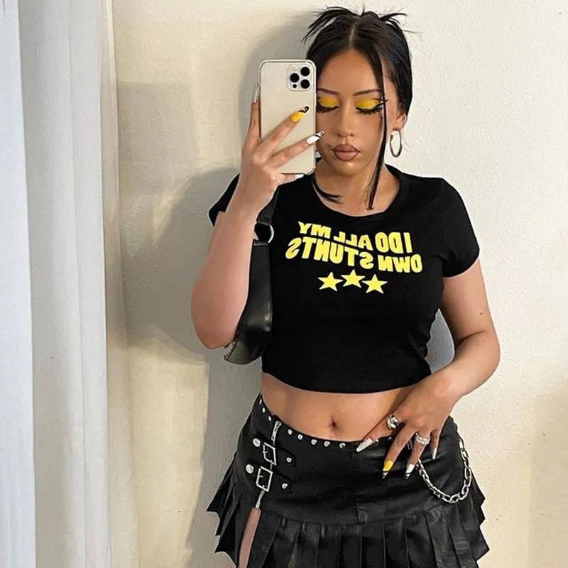I Do All My Own Stunts Baby Tee – Black Crop Top for Women - Acid House™ (formerly Zyra Drip)