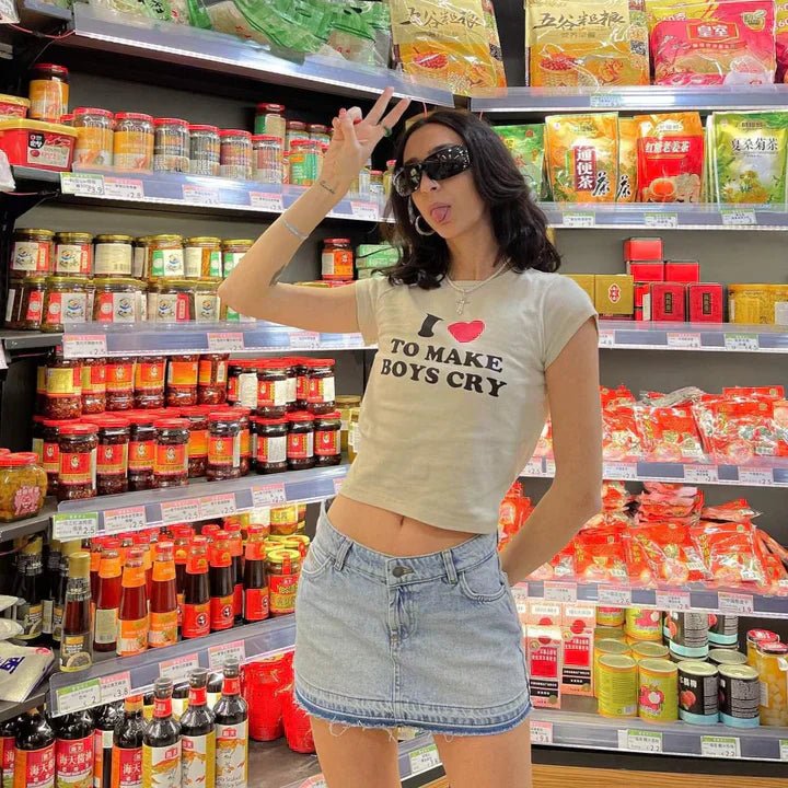 I Love To Make Boys Cry Baby Tee – White Crop Top for Women - Acid House™ (formerly Zyra Drip)