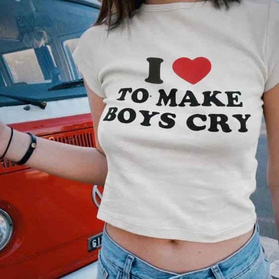I Love To Make Boys Cry Baby Tee – White Crop Top for Women - Acid House™ (formerly Zyra Drip)
