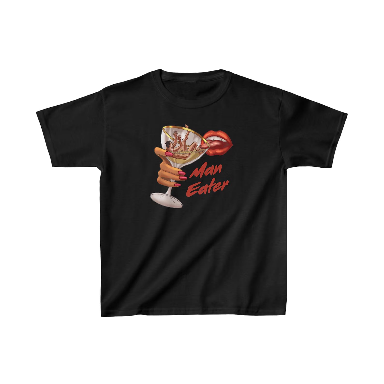 Women’s “Man Eater” Graphic Baby Tee – Y2K Aesthetic Fitted White Crop Top