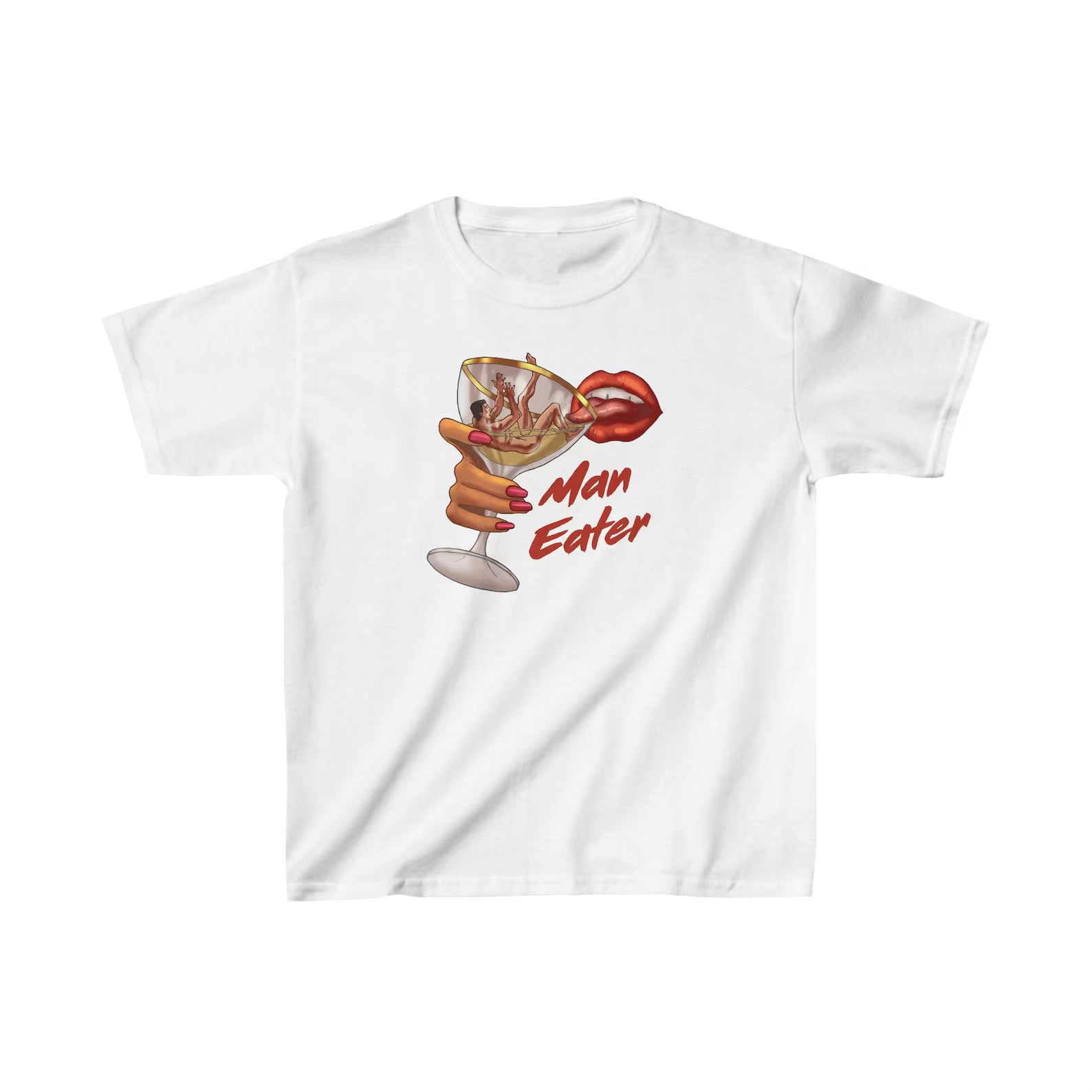 Women’s “Man Eater” Graphic Baby Tee – Y2K Aesthetic Fitted White Crop Top
