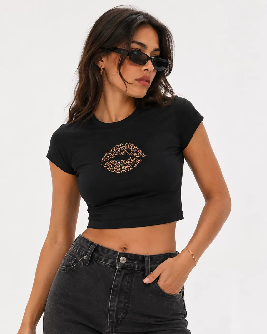 Leopard Lips Black Baby Tee for Women