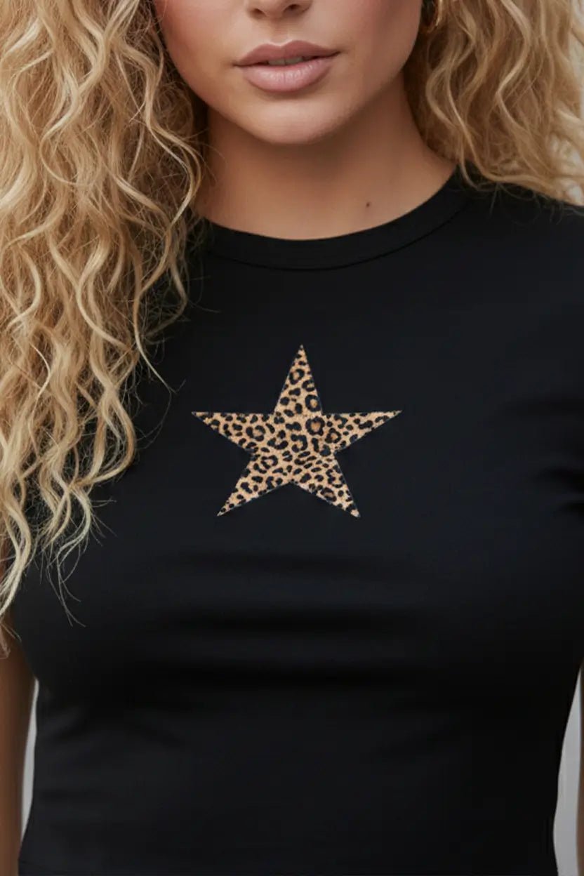 Leopard Star Black Crop Top Baby Tee – Fitted Aesthetic Women’s Crop Top Baby Tee - Acid House™ (formerly Zyra Drip)