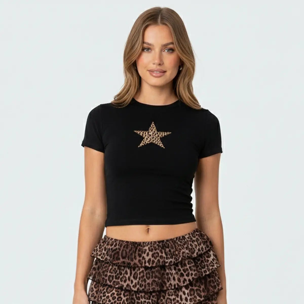 Leopard Star Black Crop Top Baby Tee – Fitted Aesthetic Women’s Crop Top Baby Tee - Acid House™ (formerly Zyra Drip)