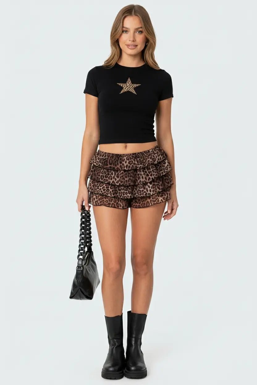 Leopard Star Black Crop Top Baby Tee – Fitted Aesthetic Women’s Crop Top Baby Tee - Acid House™ (formerly Zyra Drip)
