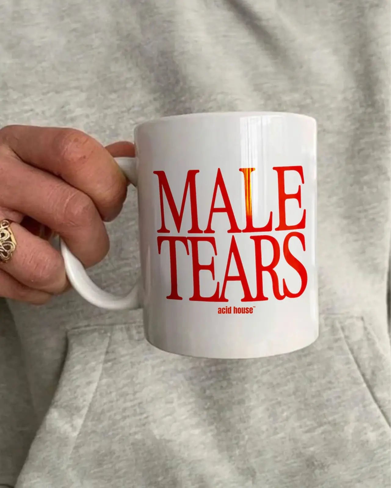 Male Tears Mug – Acid House Graphic Coffee Cup | Aesthetic Red Typography Ceramic Mug - Acid House™ (formerly Zyra Drip)