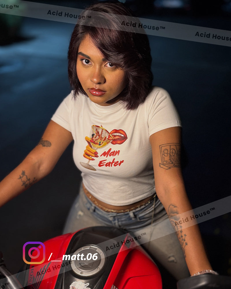 Women’s “Man Eater” Graphic Baby Tee – Y2K Aesthetic Fitted White Crop Top